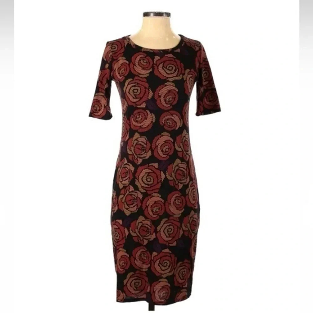 LuLaRoe Julia Fitted Sheath Dress Black Digital Roses Floral Print Size XS